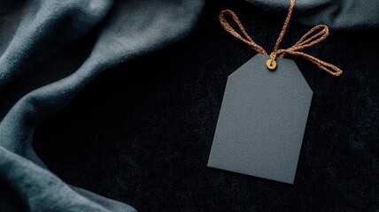 A minimalist blank black tag with a gold string resting on luxurious dark fabric, symbolizing elegance and premium branding.