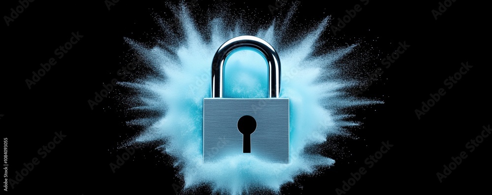 Poster a digital lock with a glowing effect, symbolizing security and protection in the digital age.
