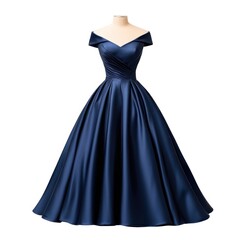 Fototapeta premium A stunning off-shoulder navy dress featuring a fitted bodice and a full skirt, perfect for formal events or elegant occasions.