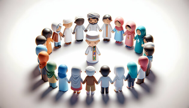 3D People from different faiths in prayer circle with copy space concept as A candid shot of individuals from various religious backgrounds holding hands in a prayer circle symbolizing spiritual unity