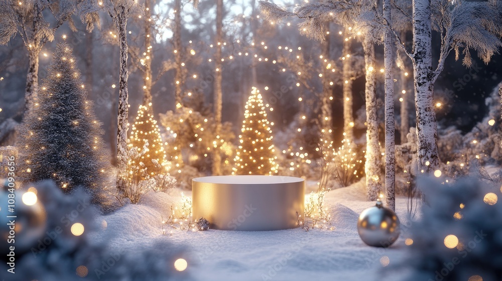 Aufkleber a snowy winter forest scene with a circular podium and string lights.