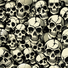 Pile of human skulls on a seamless background. Color illustration.