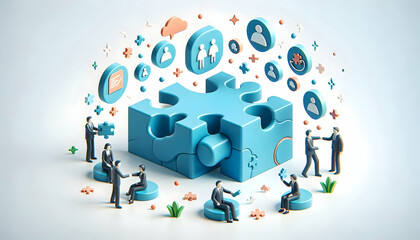 Naklejka premium 3D Floating puzzle pieces with team icons isolated on white background concept as Floating puzzle pieces adorned with team icons symbolizing flexibility and dynamic teamwork in team building puzzle so
