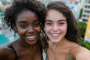 Fototapeta premium Close-up selfie of diverse friends celebrating moments of joy, travel, and togetherness in urban and outdoor settings, showcasing authentic smiles and vibrant emotions.