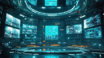 Obraz premium A futuristic control room with multiple screens displaying data and information.