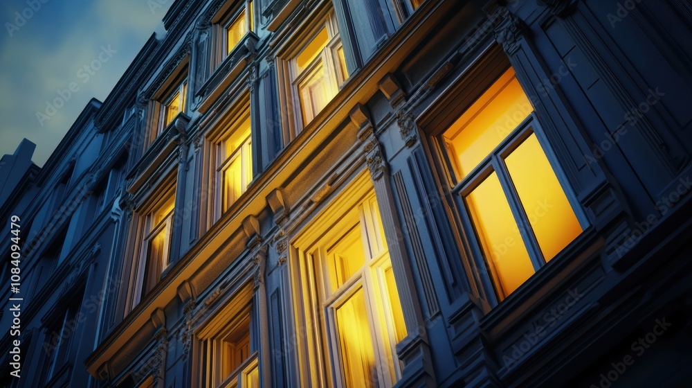 Poster a building with many windows and a yellow light shining through one of them