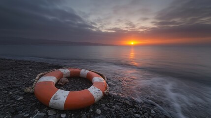 Naklejka premium A vibrant sunset over water with a life buoy on the shore, creating a serene and peaceful atmosphere.