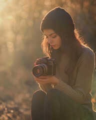 Capturing moments young woman with camera in golden hour light outdoor nature setting intimate portrait photography