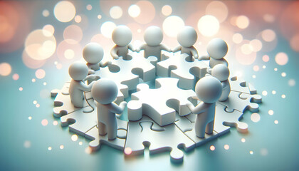 3D Bokeh background with team assembling puzzle pieces copy space above. concept as Team assembling puzzle pieces against a bokeh background symbolizing unity and collaborative effort in team building