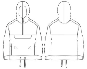 Popover Anorak Hoodie jacket design flat sketch Illustration, Protection Hooded jacket with front and back view, winter hoody jacket for Men and women. for hiker, outerwear in winter © Fathima Flats