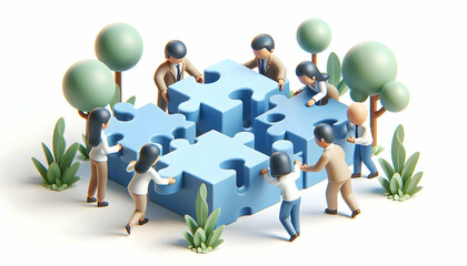 3D Group of colleagues solving puzzle pieces outdoors during team building copy space on right. concept as Group of colleagues engaging in puzzle solving outdoors during a team building activity empha