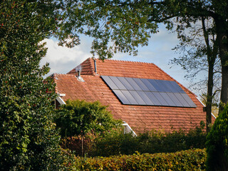 Renewable Energy in the Netherlands: A traditional farmhouse in Drenthe with solar panels on its...