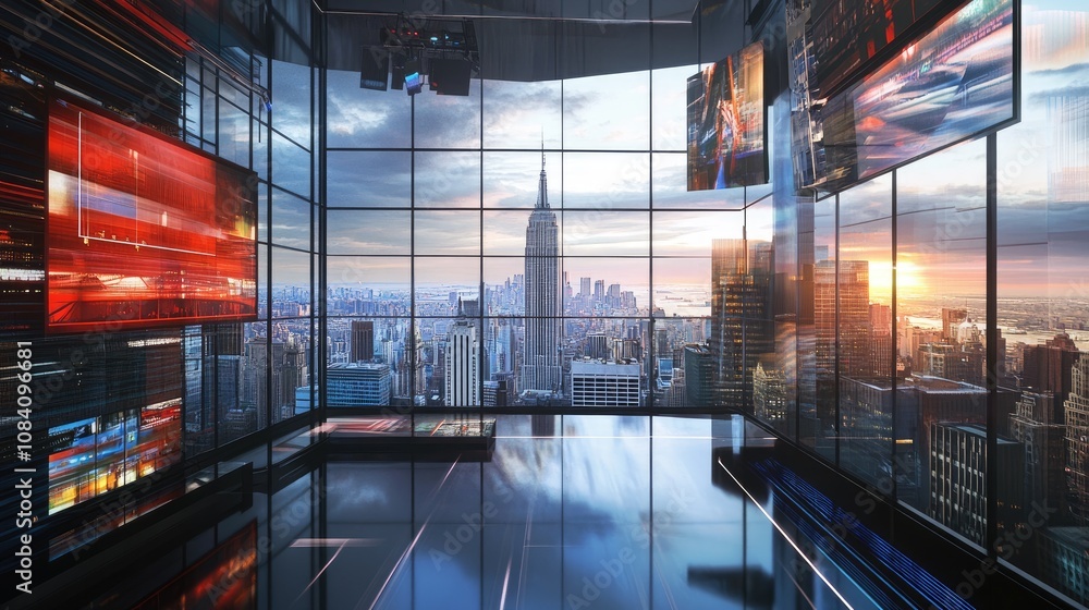 Poster modern, futuristic studio with a panoramic view of the city skyline. there are multiple screens show