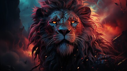 Lion of Judah, exuding strength and power. WITH NEON BACKGROUND conceptual illustration
