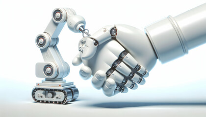 3D Close up of industrial robots hand shaking human hand with copy space concept as Macro shot of industrial robots hand shaking human hand symbolizing collaboration between humans and machines in ind