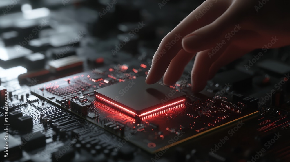 Poster a new cpu technology concept with a hand holding a new generation cpu, symbolizing cutting-edge adva