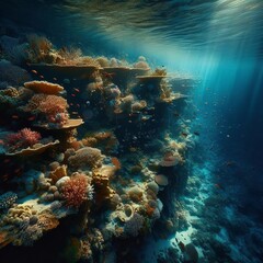 Obraz premium Vibrant Coral Reef Paradise as Sunlight Illuminates Tropical Marine Ecosystem Below