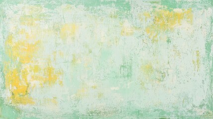 Fototapeta premium Green and yellow painted wall background showing signs of age, wear, and tear, creating a vintage or antique aesthetic with a textured, grunge surface