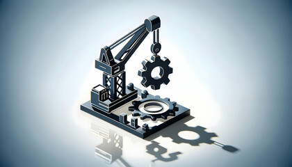 Fototapeta premium 3D Silhouetted crane lifting gear against plain background with copy space concept as A glossy image shows a silhouetted crane lifting a gear against a plain background symbolizing construction and in
