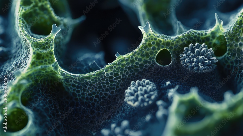 Poster here's a possible and keyword list for your image.. microscopic view of porous, organic, textured su