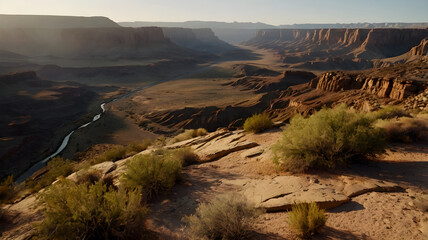 Hyper-realistic expansive desert canyon landscape. Evening light, dramatic shadows, cliff view. 16:9 proportion. Suitable for website banners, nature backgrounds or travel blogs.