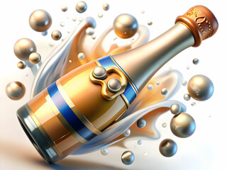 Fototapeta premium Champagne bottle popping with floating bubbles isolated on white background. concept as A dynamic vector of a champagne bottle popping releasing floating bubbles symbolizing celebration and success in