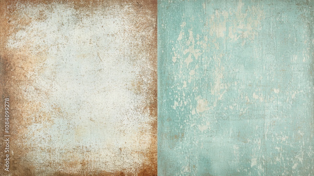 Poster two-tone textured background showing a weathered wall with rust stains and peeling paint, creating a