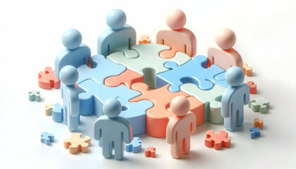 3D Soft abstract digital art with team connecting puzzle pieces copy space below. concept as A soft abstract digital art scene of a team connecting puzzle pieces symbolizing collaboration and problem 