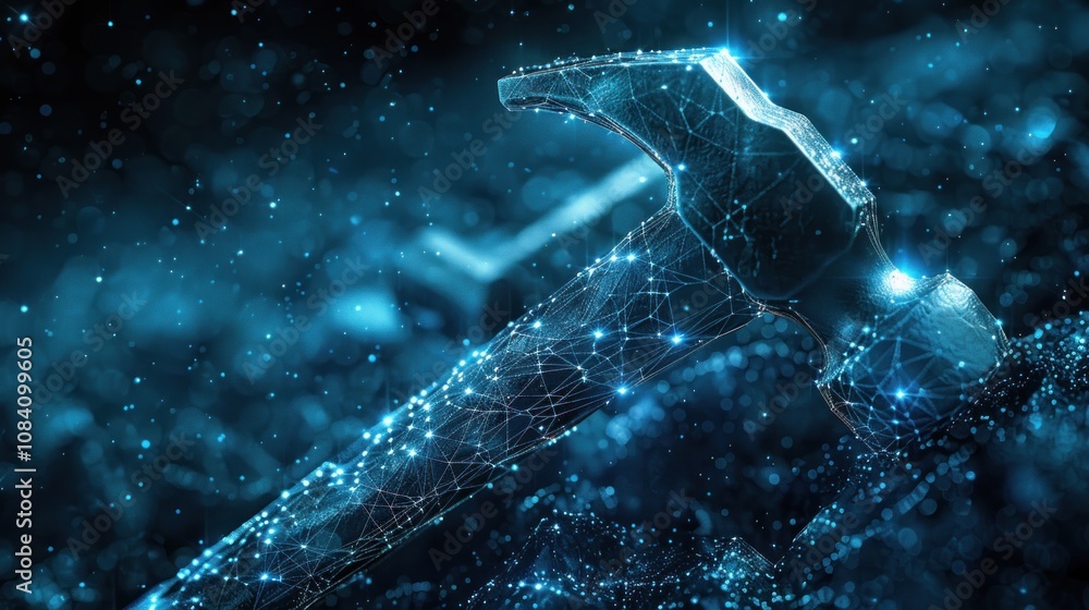 Aufkleber a digital rendering of a hammer, created with a glowing network of lines and points.