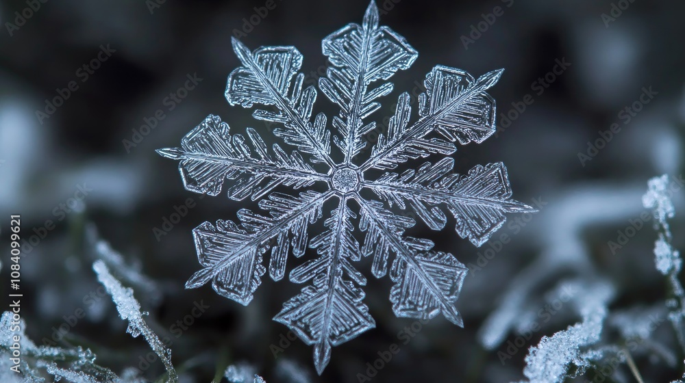 Poster intricate single snowflake macro shot on a blurry winter background.