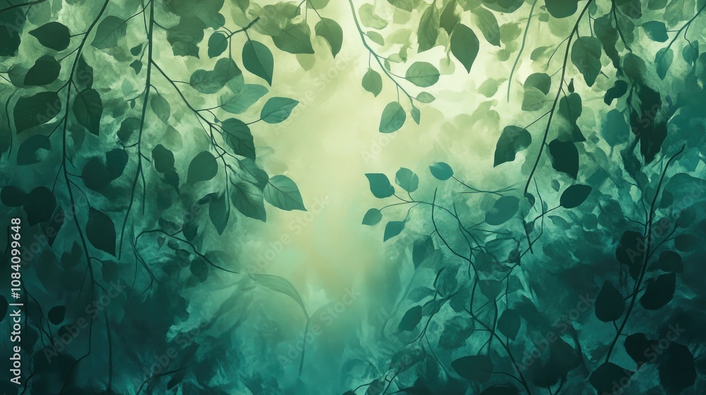 Poster sunbeams filter through a canopy of green leaves, creating a mystical and ethereal atmosphere.