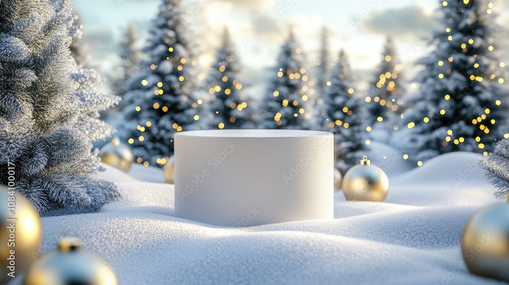 Poster here's a and keyword list suitable for stock photo submission.. blank white podium in snowy winter s