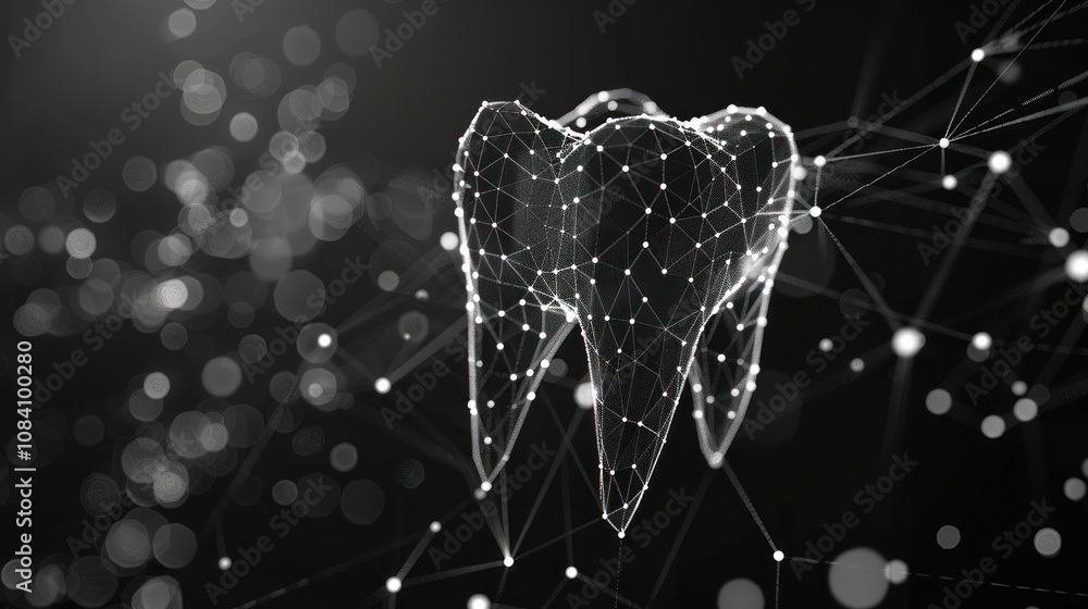 Poster a white tooth is rendered in a wireframe style against a black background with bokeh lights.