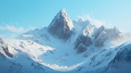 Fototapeta premium Majestic snow-capped mountain peak with a blue sky and clouds in the background.