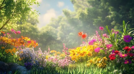 Obraz premium A field of vibrant wildflowers bathed in soft sunlight, with lush green foliage and a blue sky overhead.