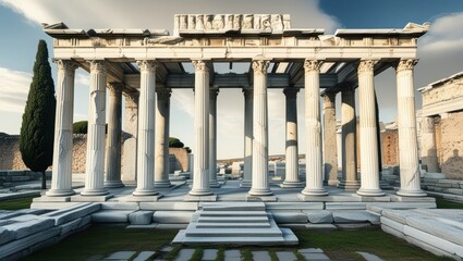 Fototapeta premium Ancient Roman architecture, marble columns, circular colonnade, ruined structure, Mediterranean landscape, blue sky, cypress trees, historical site, archaeological ruins, classical design, sunlit ston