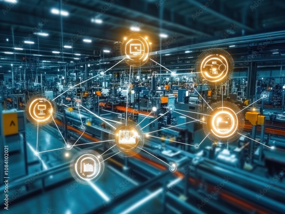 Poster an industrial internet of things iiot network connecting devices and sensors across a modern factory