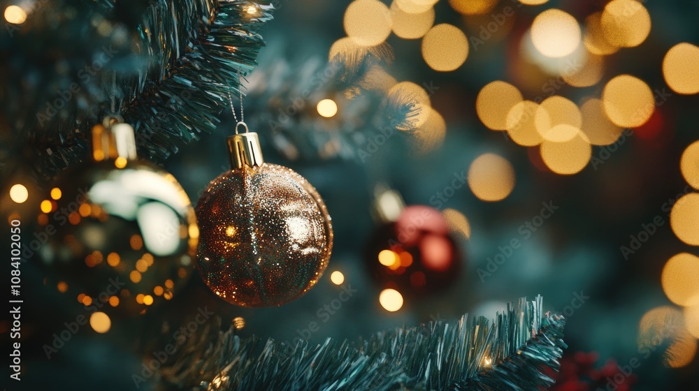 Poster here's a description and keywords for the image.. festive christmas tree ornaments with warm bokeh l