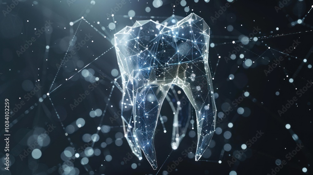 Poster a digitally rendered image of a tooth constructed from a network of connected lines and points, with