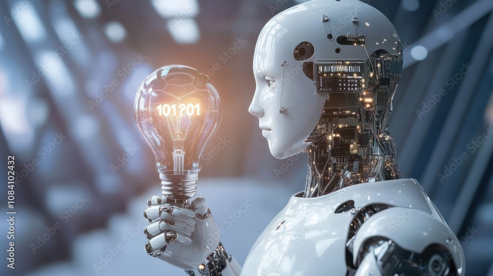 Poster artificial intelligence holding creative light bulb with growth graph and innovative ai icons. lever