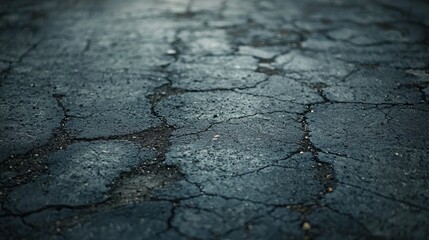 Obraz premium Close-up view of a severely cracked asphalt road surface, showcasing extensive damage, weathering, and a sense of decay and abandonment, creating a powerful visual metaphor for decline and neglect
