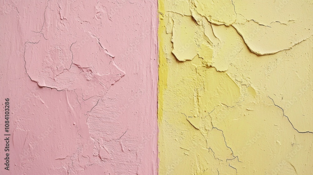 Poster vibrant pink and yellow wall showcases a striking contrast, with cracks adding texture and character
