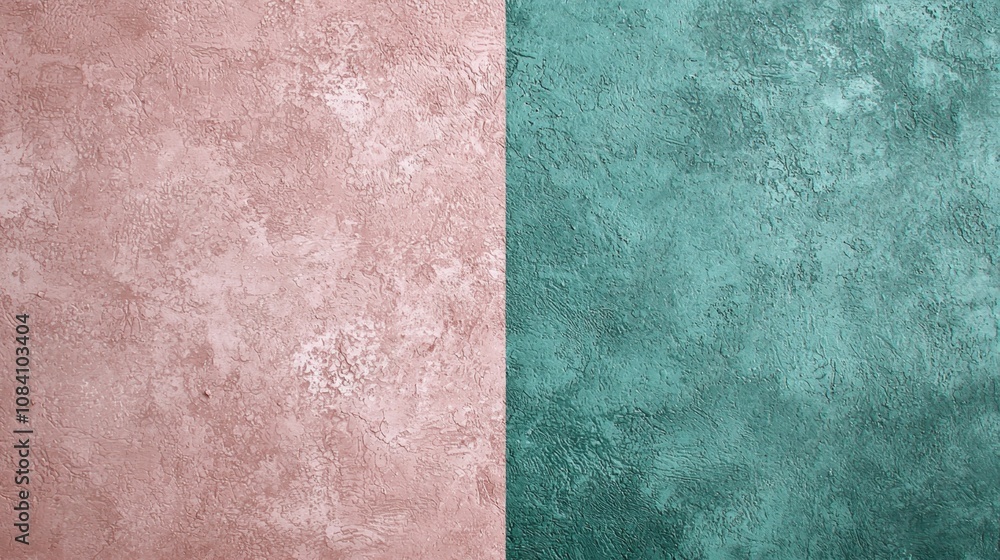 Poster pink and green pastel colors divide a decorative stucco surface, creating a visually appealing contr