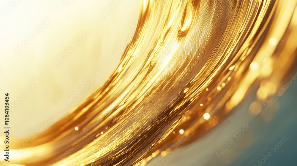 Poster close-up of a golden liquid swirling and creating a wave with light reflecting off the surface.