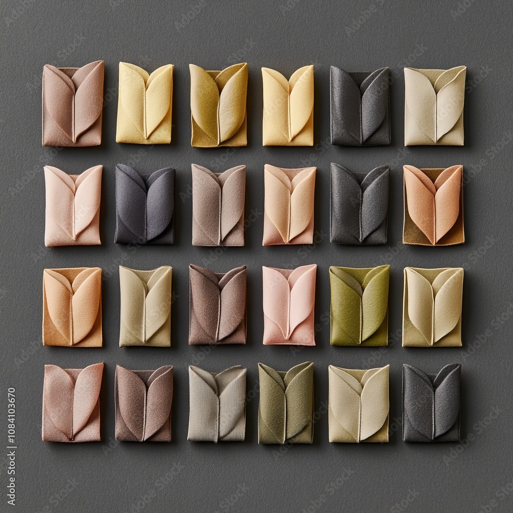 Poster A grid of 24 small squares with a folded leaf pattern in various shades of color, set against a gray background.