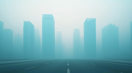 Fototapeta premium Foggy cityscape with tall skyscrapers shrouded in mist, creating an eerie and mysterious urban atmosphere.