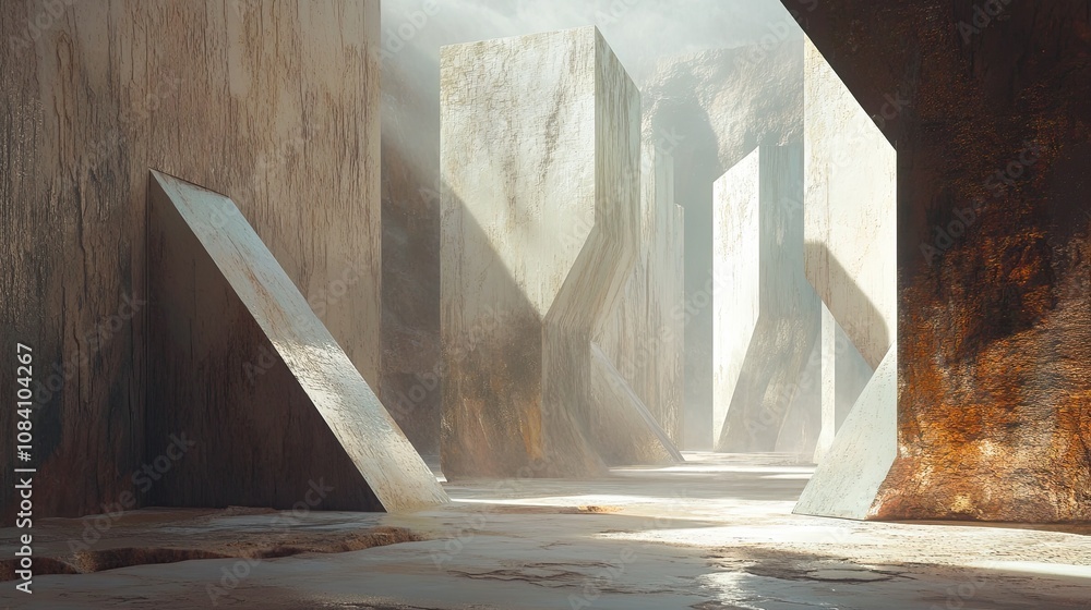 Aufkleber abstract geometric structures in a surreal landscape, with a misty atmosphere and sun rays penetrati