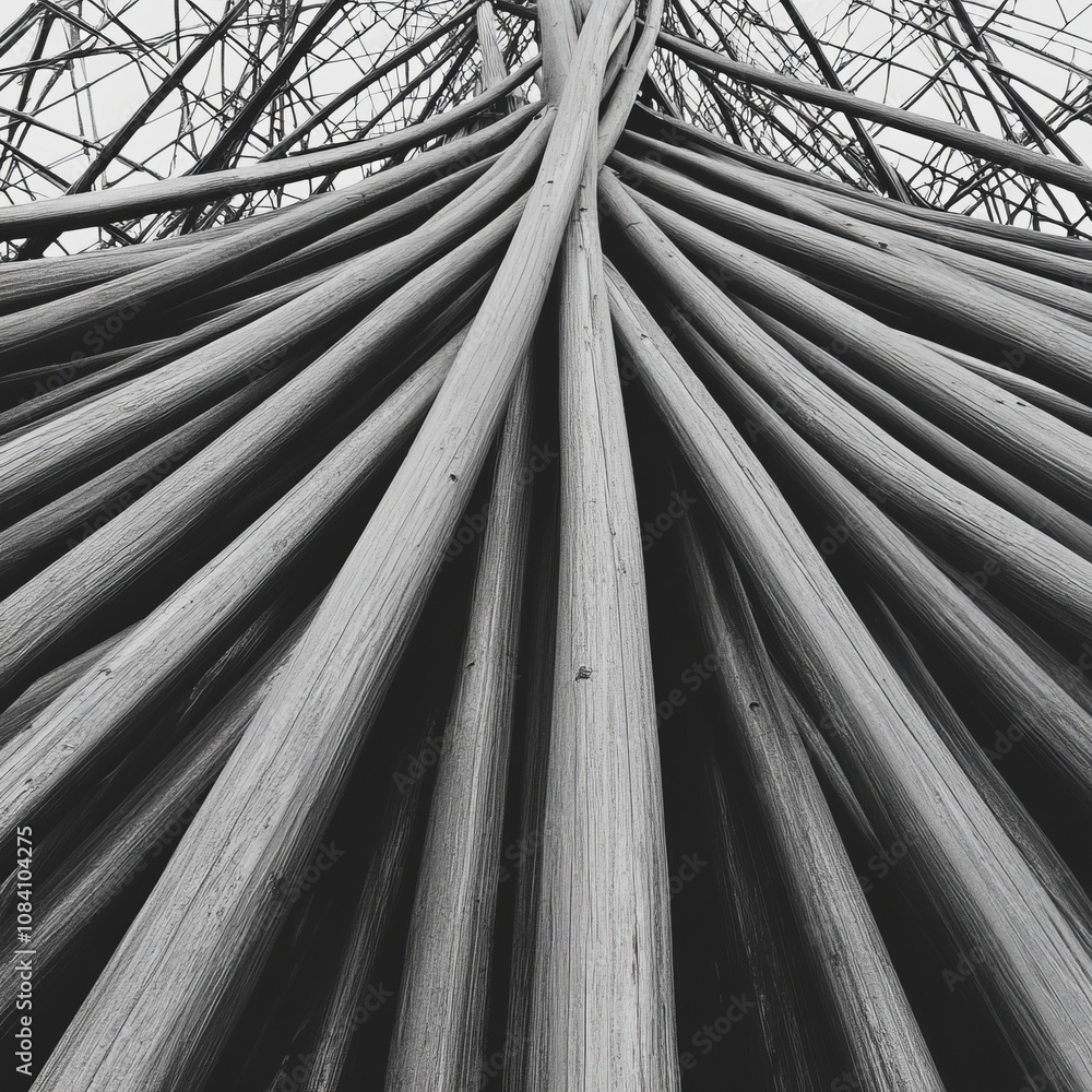 Poster a low-angle view of a cluster of tree branches converging at a point.