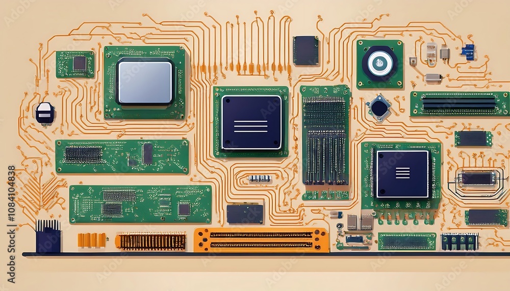 Poster  Circuit boards and computer hardware components on a light beige backdrop with flat vector _1(387)