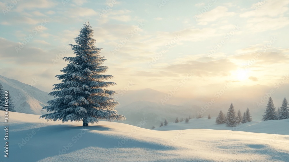 Poster a snow covered pine tree stands in a field of snow